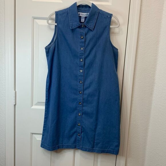 Marsh Landing 💯 Cotton Medium Short Sleeve Midi Button Front Blue Denim Dress - Picture 1 of 9